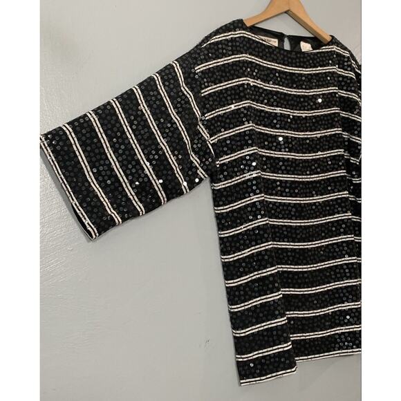 All Over Sequin Top Size 6 Silk Black White Striped Whimsigoth Going Out Party - Picture 2 of 7
